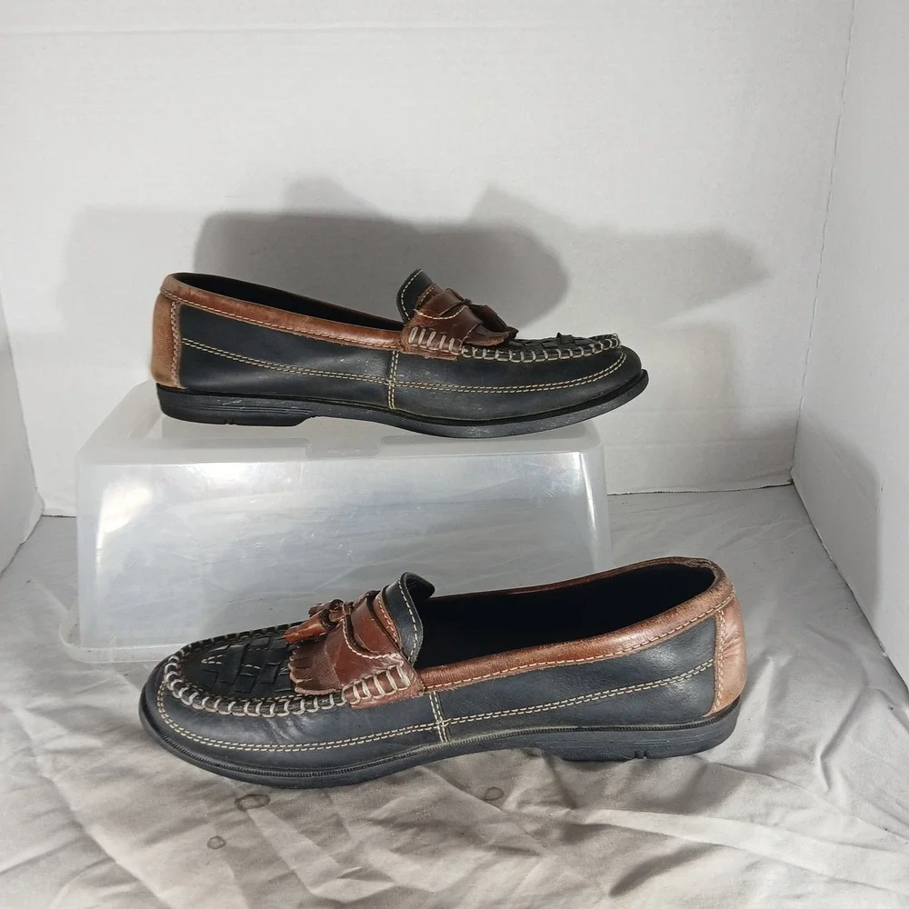 Giorgio Brutini Sport Loafers 10M Black Brown Kiltie Tassel Woven Leather Preppy - Picture 2 of 10